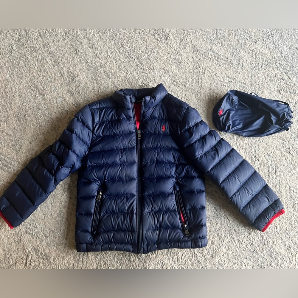 Ralph Lauren boys navy blue puffer jacket - size 7 - with matching pouch.